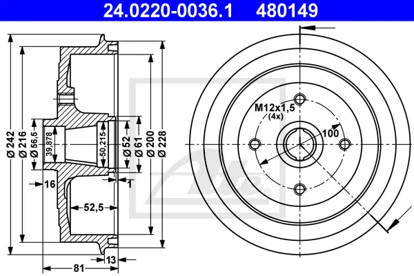 Tambour de frein ATE-APAC 24.0220-0036.1
