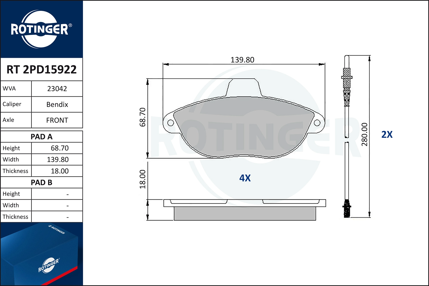 Kit de plaquettes de frein, frein à disque ROTINGER RT 2PD15922