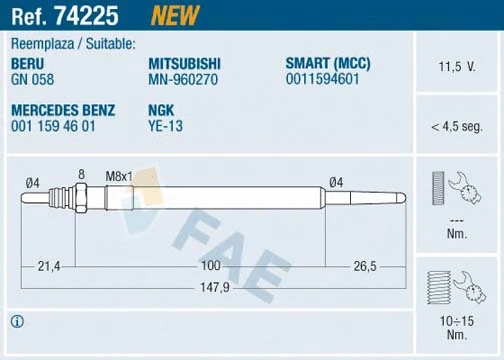 Bougie de préchauffage FAE 74225