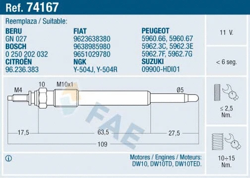 Bougie de préchauffage FAE 74167