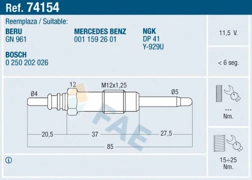Bougie de préchauffage FAE 74154