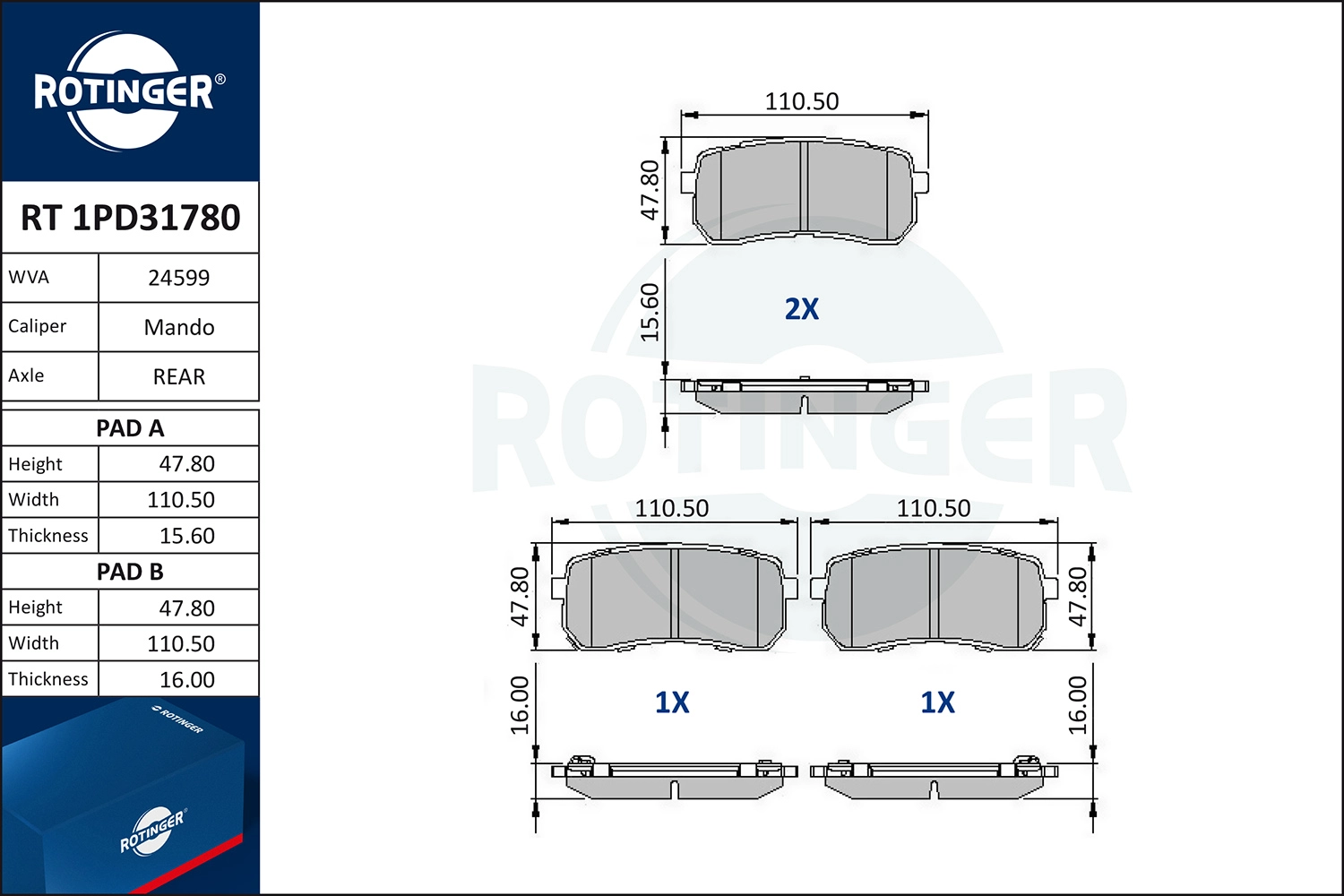 Kit de plaquettes de frein, frein à disque ROTINGER RT 1PD31780