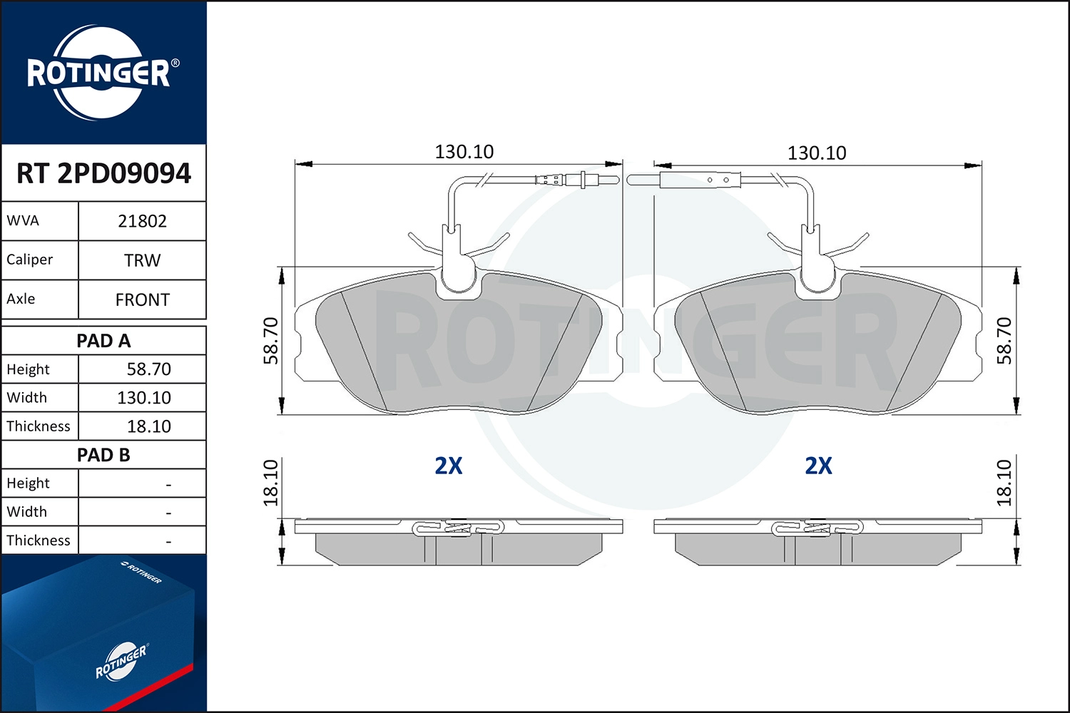 Kit de plaquettes de frein, frein à disque ROTINGER RT 2PD09094