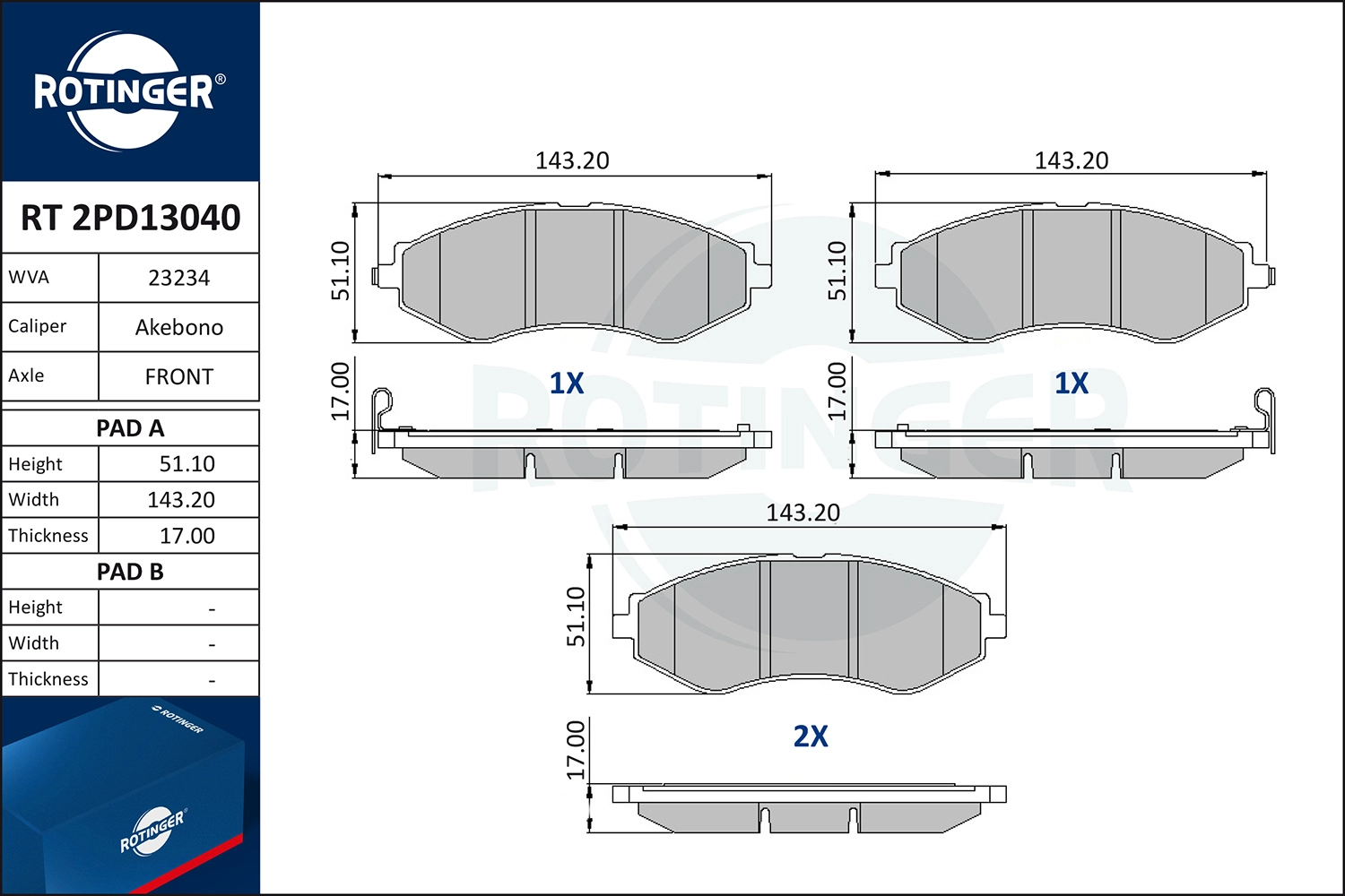 Kit de plaquettes de frein, frein à disque ROTINGER RT 2PD13040