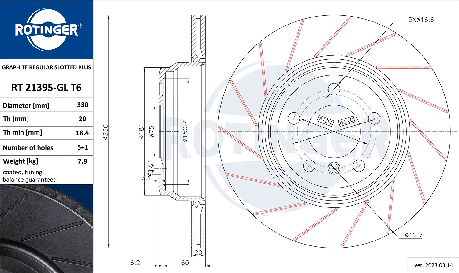 Disque de frein ROTINGER RT 21395-GL T6