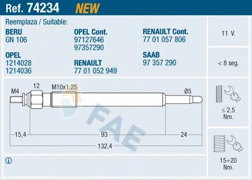 Bougie de préchauffage FAE 74234
