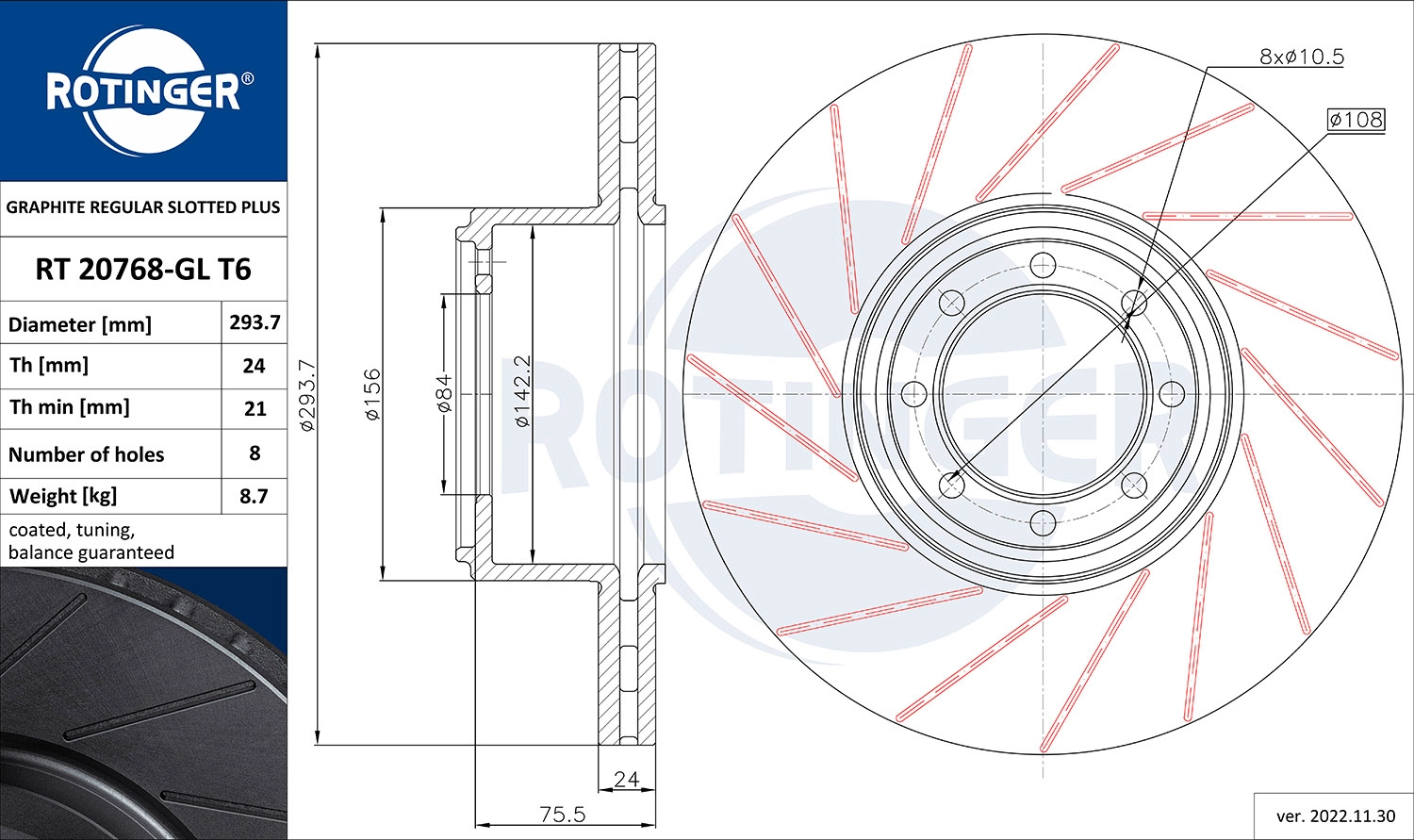 Disque de frein ROTINGER RT 20768-GL T6