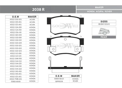 Kit de plaquettes de frein, frein à disque GOODWILL 2038 R