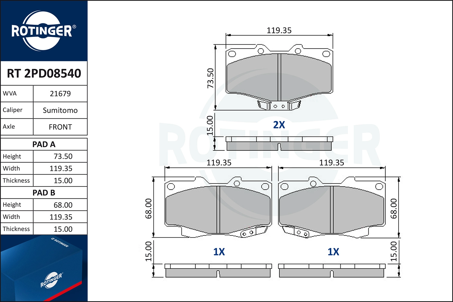 Kit de plaquettes de frein, frein à disque ROTINGER RT 2PD08540