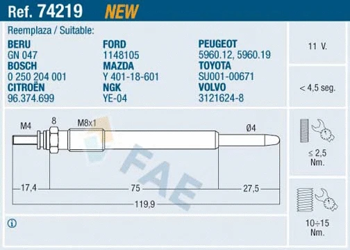 Bougie de préchauffage FAE 74219