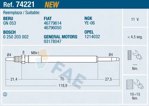 Bougie de préchauffage FAE 74221