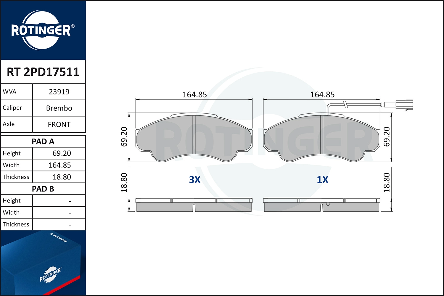 Kit de plaquettes de frein, frein à disque ROTINGER RT 2PD17511