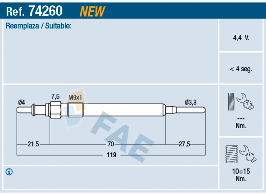 Bougie de préchauffage FAE 74260