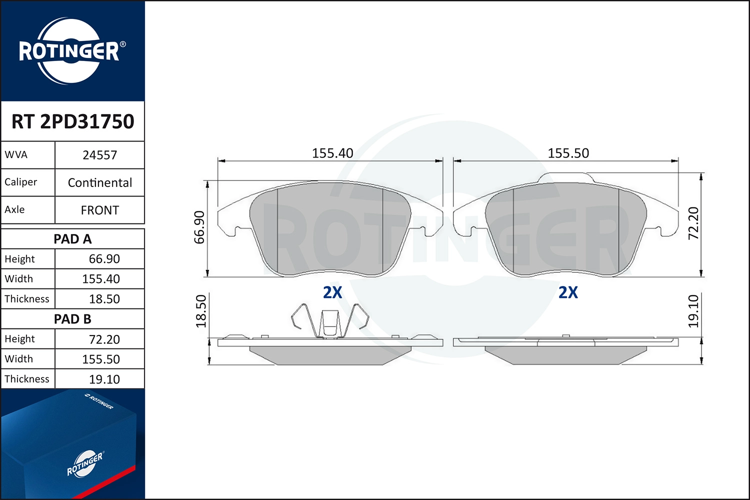 Kit de plaquettes de frein, frein à disque ROTINGER RT 2PD31750