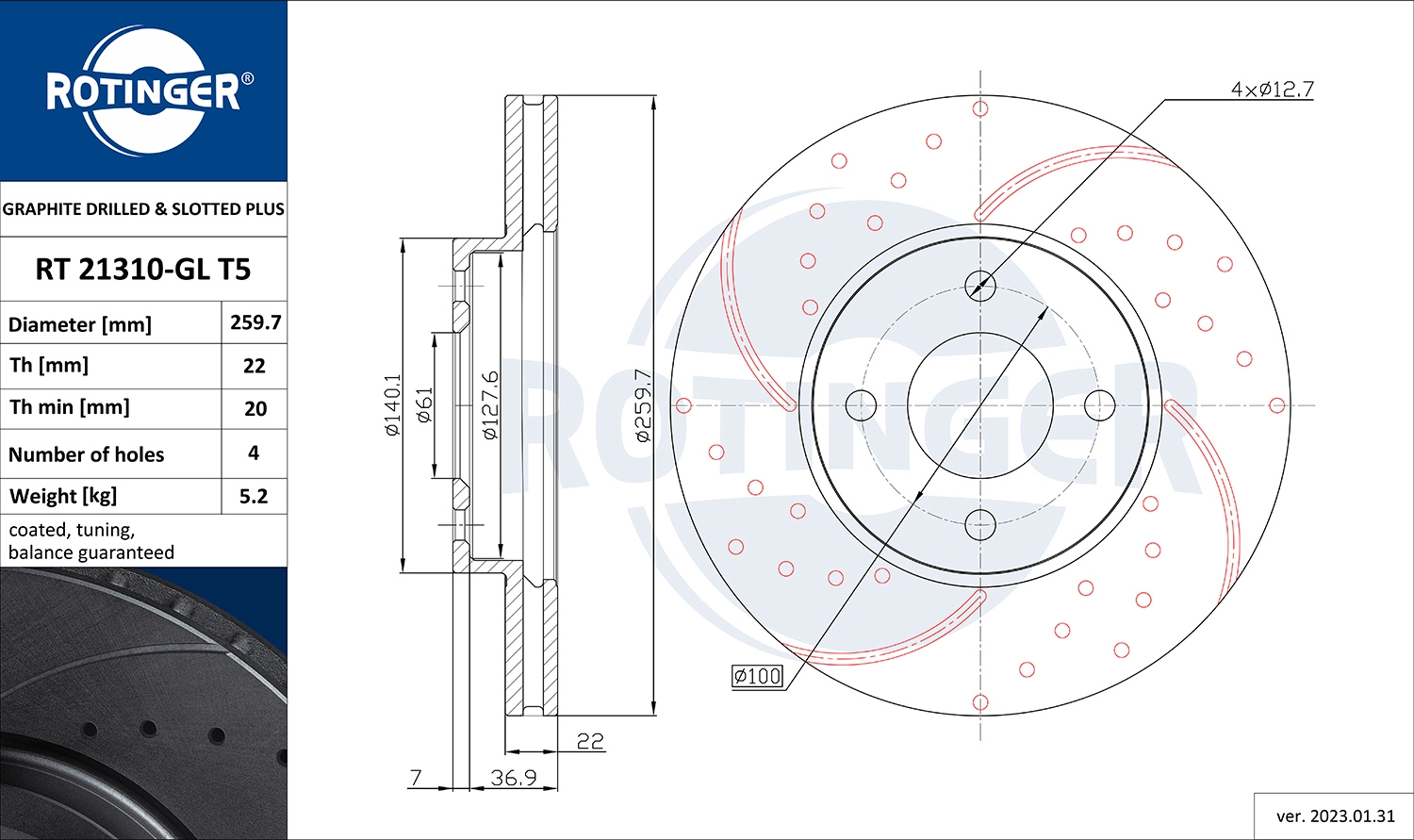 Disque de frein ROTINGER RT 21310-GL T5